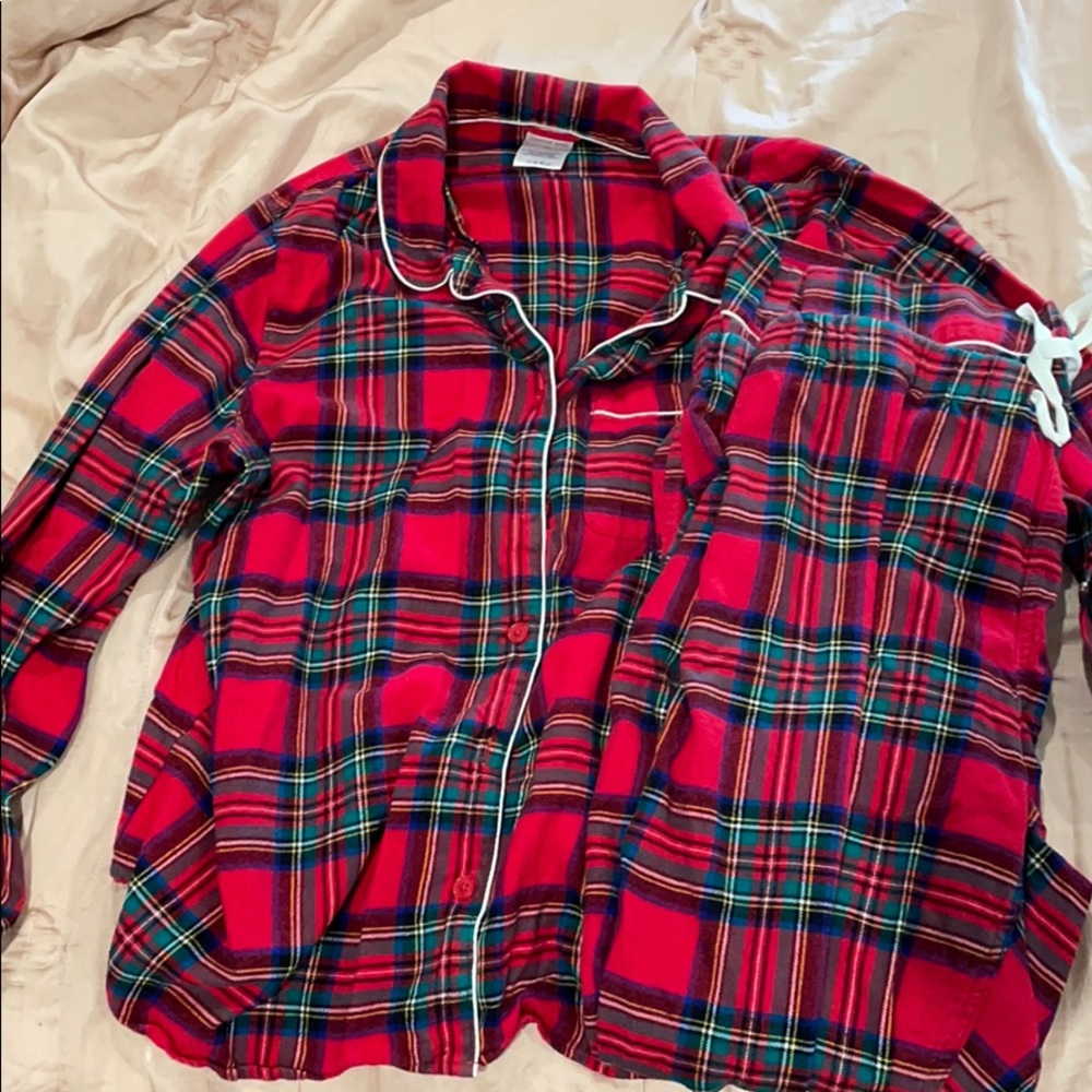 NWOT Lands' End Red Scotch Plaid Flannel Pajama Top and Bottom Set Sz L